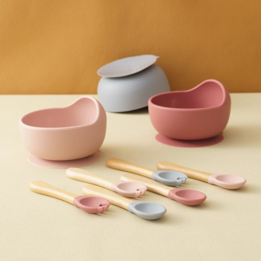 3PCS Food Grade Silicone Baby Feeding Bowl Set Solid Color Dishes Waterproof Feeding Bowl With Spoon Fork Children Tableware