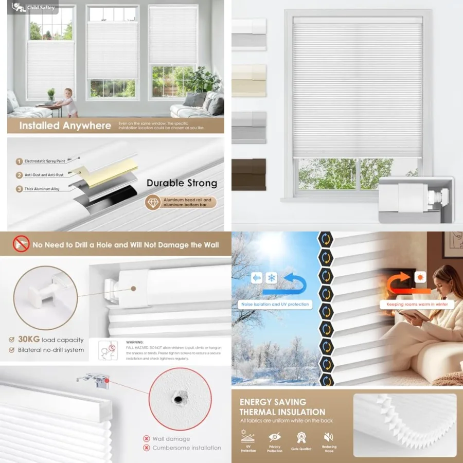 

No Tools No Drill Cordless Cellular Shades, Light Filtering Honeycomb Shades for Home, Thermal Insulation Blinds for Windows, 22" W x 36" H, White