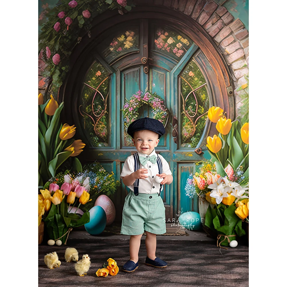 Rustic Easter Cottage Door Photography Backdrop Egg Tulip Flowers Decor Background Kids Birthday Cake Smash Photo Studio Props