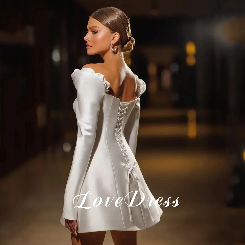 Love Short Stain 3D Flower Off The Shoulder Long Sleeve Wedding Dress A-Line Sexy Above Knee Lace Up Bride Gown Customized