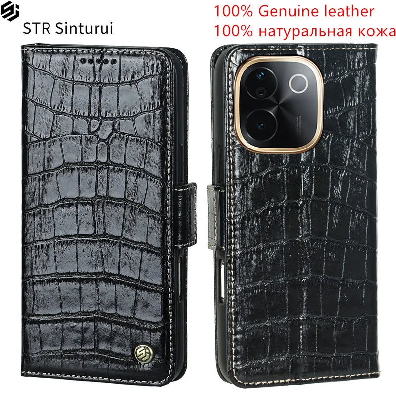 

STR Genuine leather crocodile grain card Slot Wallet Cover For vivo iQOO Z9s Pro Z9 Lite Turbo Z9x Z8x shockproof phone Case