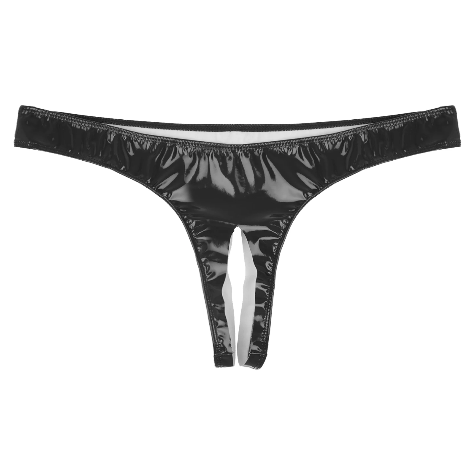 Mens Sexy Thongs Panties Lingerie Wet Look Patent Leather Open Crotch Low Rise High Cut Mini Briefs Underwear Clubwear Underpant