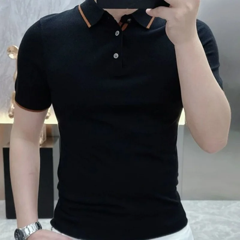 Summer New High Quality Simple Lapel Knitted Polo Shirt Men Button Casual Fashion Summer Versatile Breathable Short Sleeve Tops