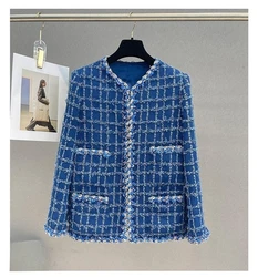 2023 Autumn New Korean Style Women's High Quality Blue Plaid Tweed Jackets Short Coat F140