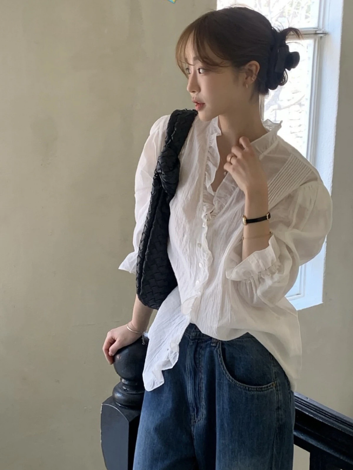 

Commuter Versatile Lace Trim Seven-quarter Sve irt Top Spring New Sle Women's Cotton Casual Breathable V-ne