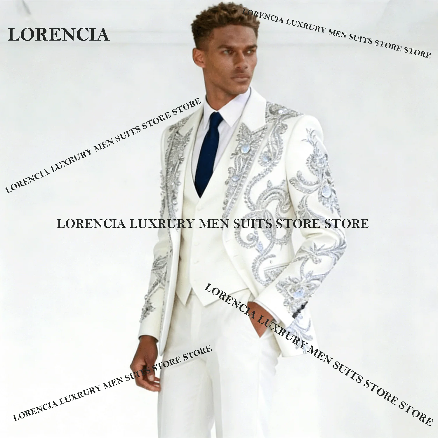 

Sparkly Metal Embellished Customized Men Prom Blazer Costume Homme Suits 2 Pieces Sets Slim Party Single Brasted Groom Tuxedos