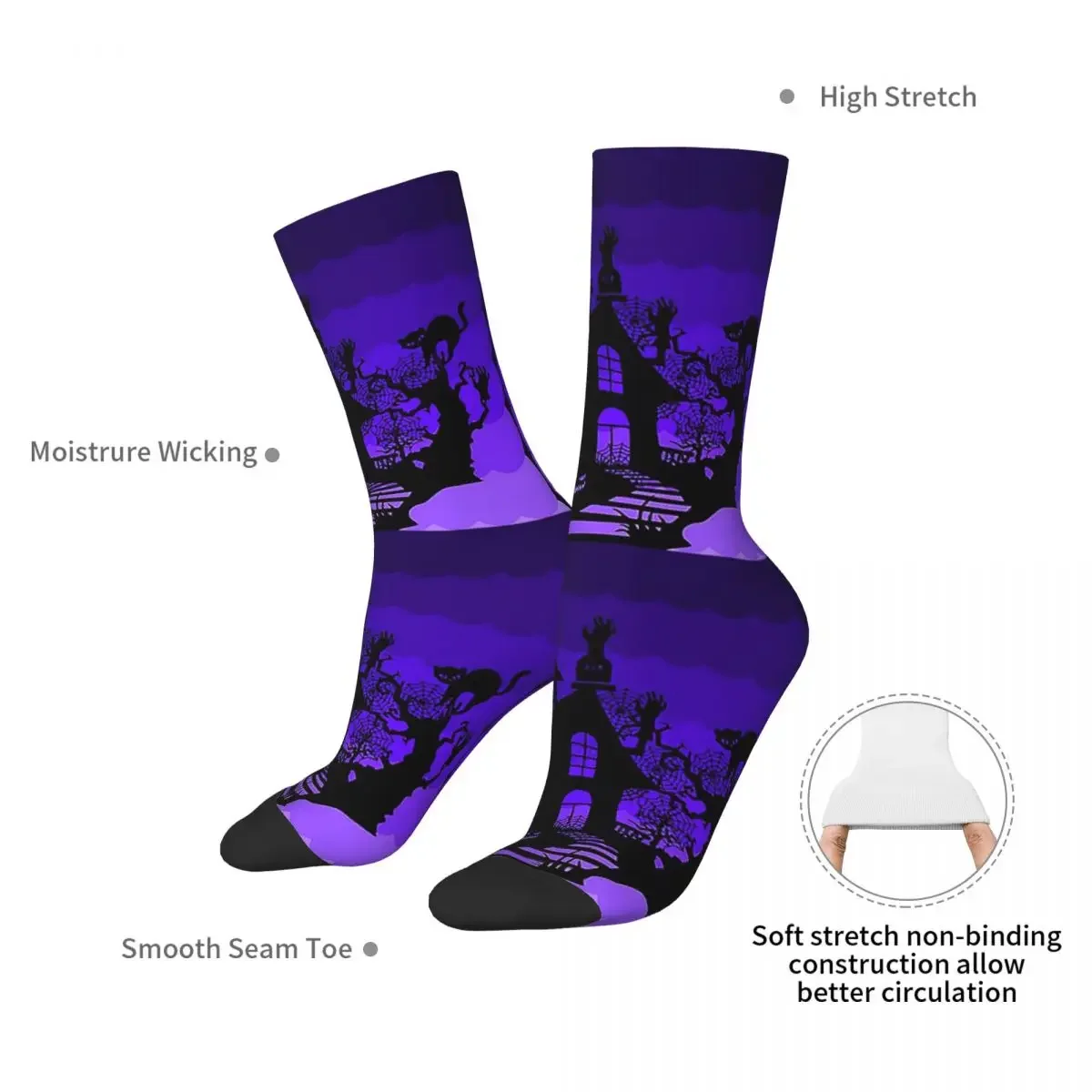 Spooky Haunted House สีม่วง Sunset ถุงเท้า Harajuku ถุงน่อง All Season ถุงเท้ายาวอุปกรณ์เสริมสําหรับ Unisex คริสต...