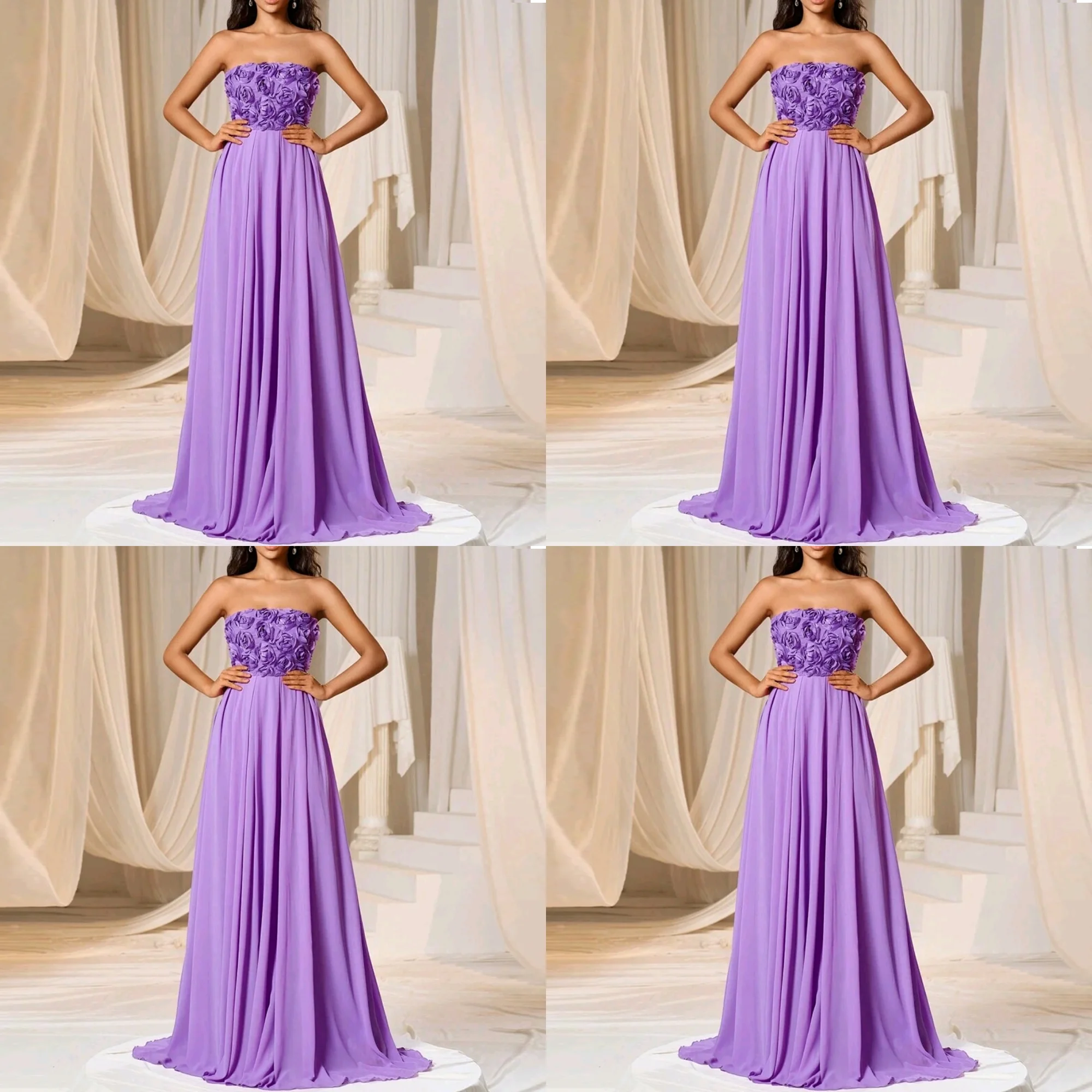 

Chic Strapless Chiffon A-line Evening Party Dress Backless 3D Floral Lace Floor Length Bridesmaid Gown with Train Customized
