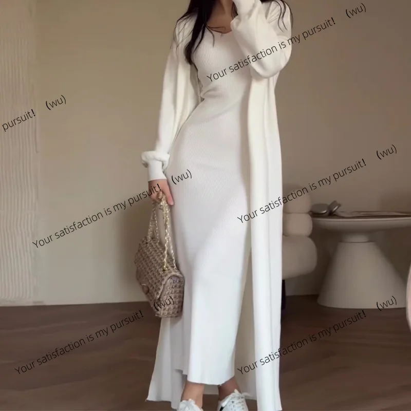 

ZOCI-Осенний однотонный облегающий вязаный свитер в ленивом стиле с юбкой до колена, женский костюм