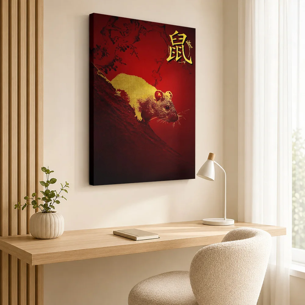 Chinese Zodiac Rat Wood Framed Canvas Poster Customized Photo Detailed Figurative Illustration Wall Art For Lounge Birthday Gift