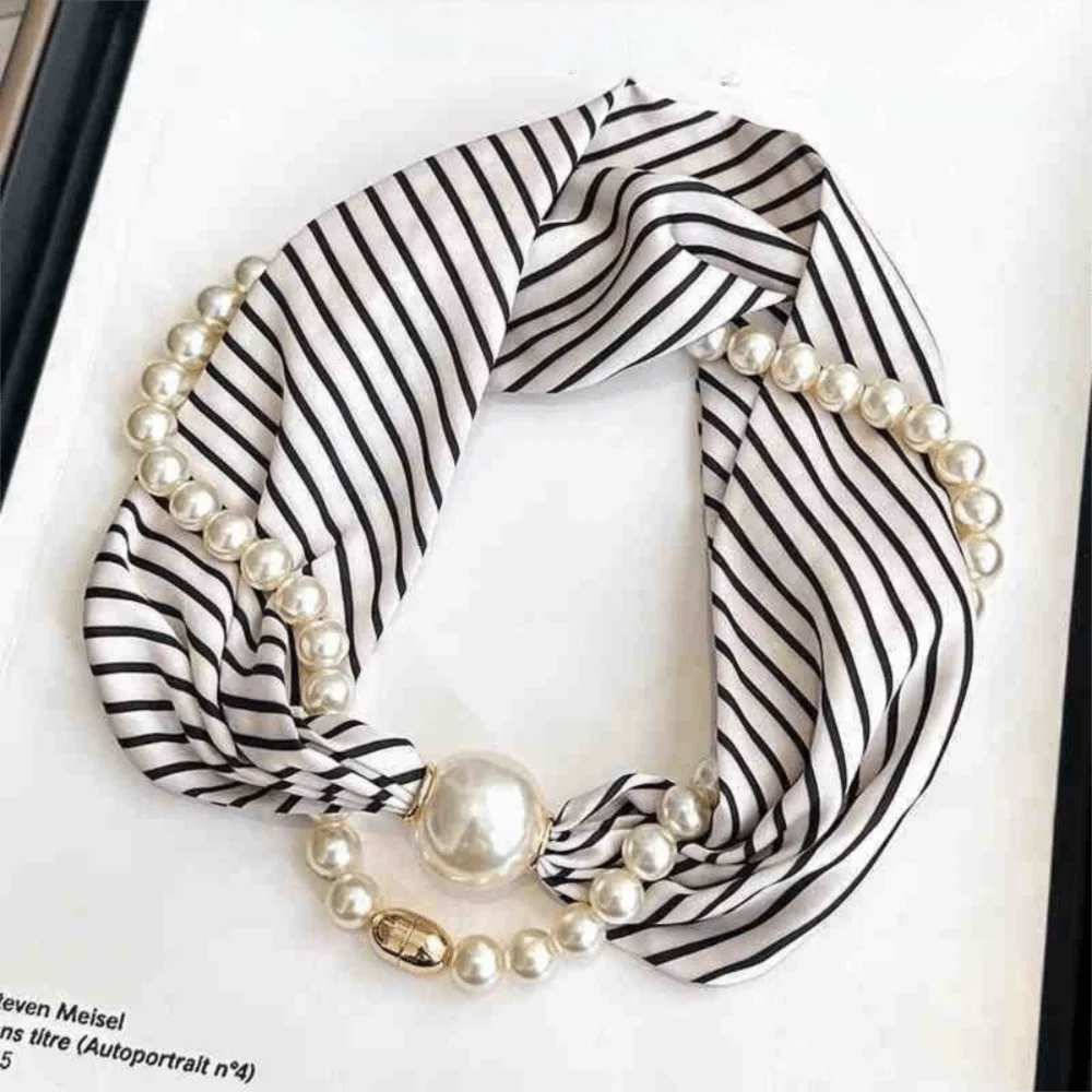 Elegant Magnetic Buckle Neck Scarf with Pearls Chain Narrow Satin Scarf Soft Thin Neckerchief