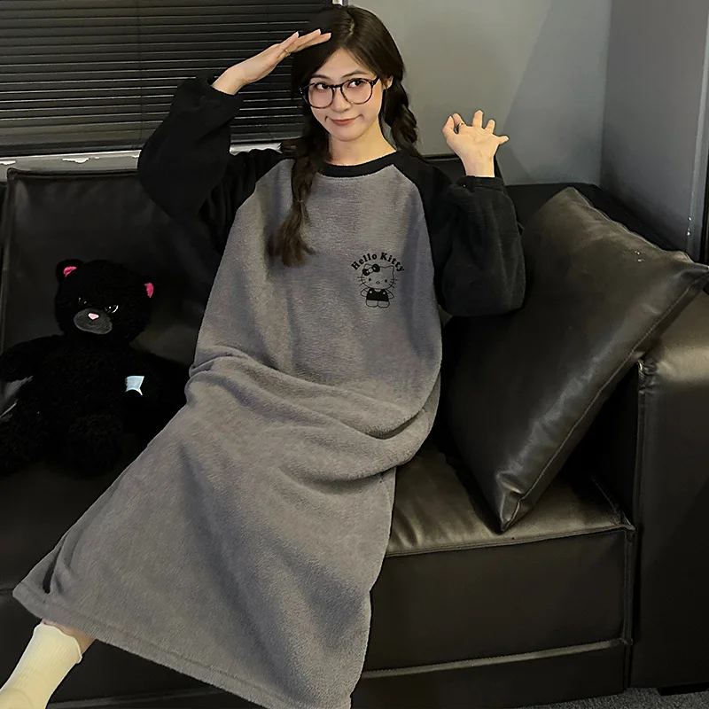 

Cute Hello Kitty Coral Velvet Nightgown for Women Cartoon Winter Thickened Flannel Autumn Winter Pajamas Dress Girls Home Wear