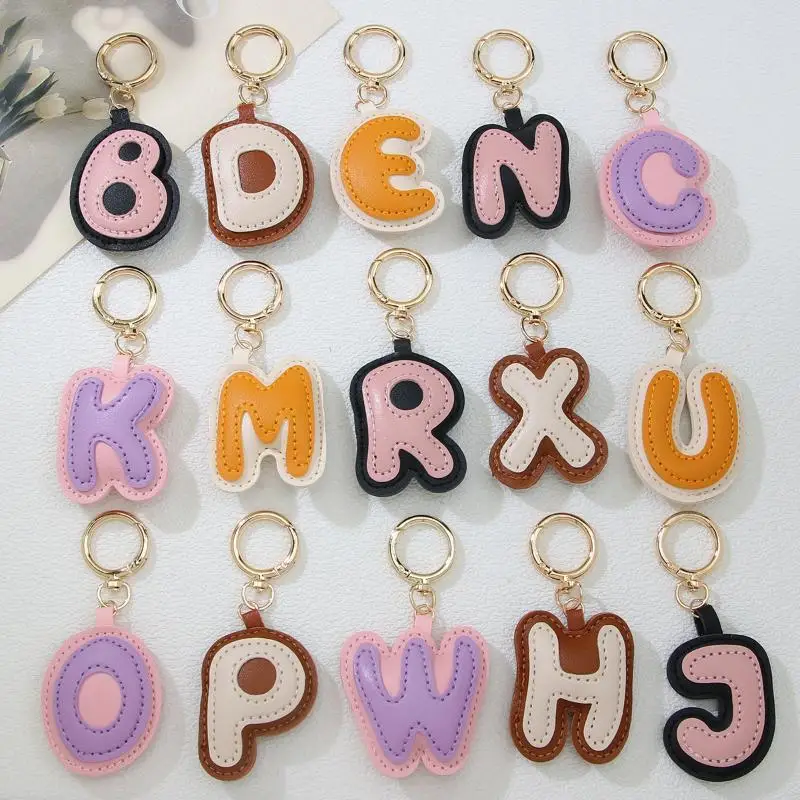 PU Leather Candy Color A To Z Initial Letter Keychain For Women Simple Fashion Backpack Phone Pendant Car Key Ring Jewelry Gifts