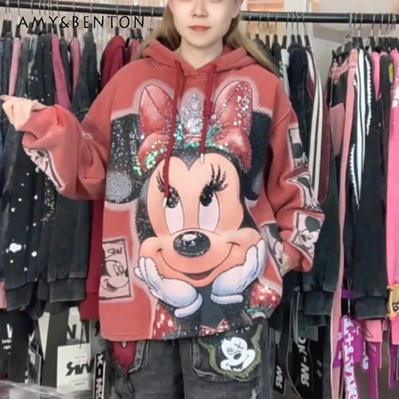 

Thickened Hooded Sweatshirt Autumn Winter Jacket Fleece-Lined Heavy Craft Cartoon Loose Long Sleeves Drawstring Casual Sudaderas