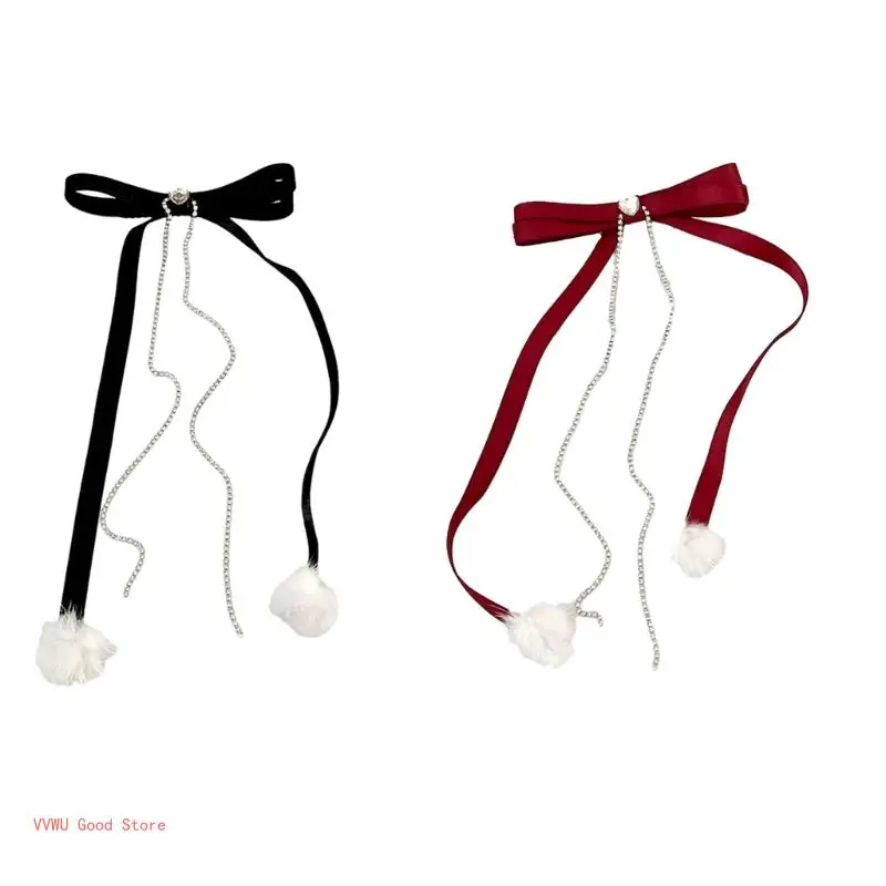 Delicate Bow Long Ribbon Y2K Pompoms Claw Clip Bow Hair Clip Sweet Girls