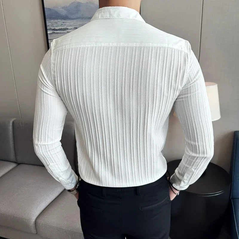 Men\'s Solid Color Long-Sleeved Shirt Fashionable Elegant Double-Breasted Ball Nightclub Tops Striped Lapel Shirt