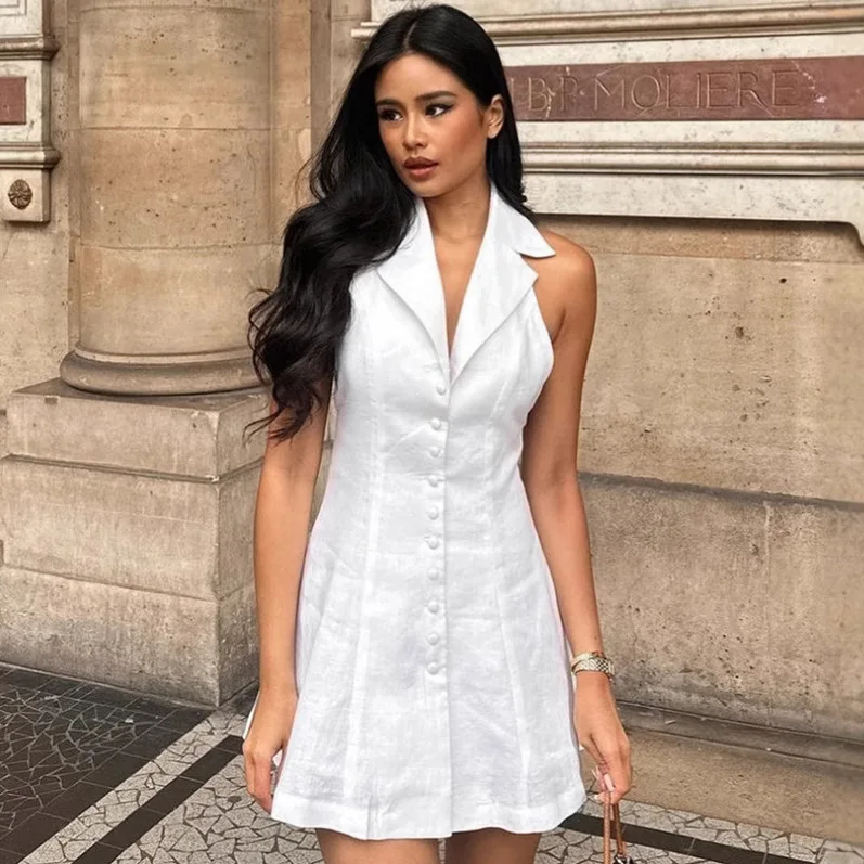 

French cotton and linen new neck sexy backless dress 2025 European, American spring and summer fashion cross-border short skirt