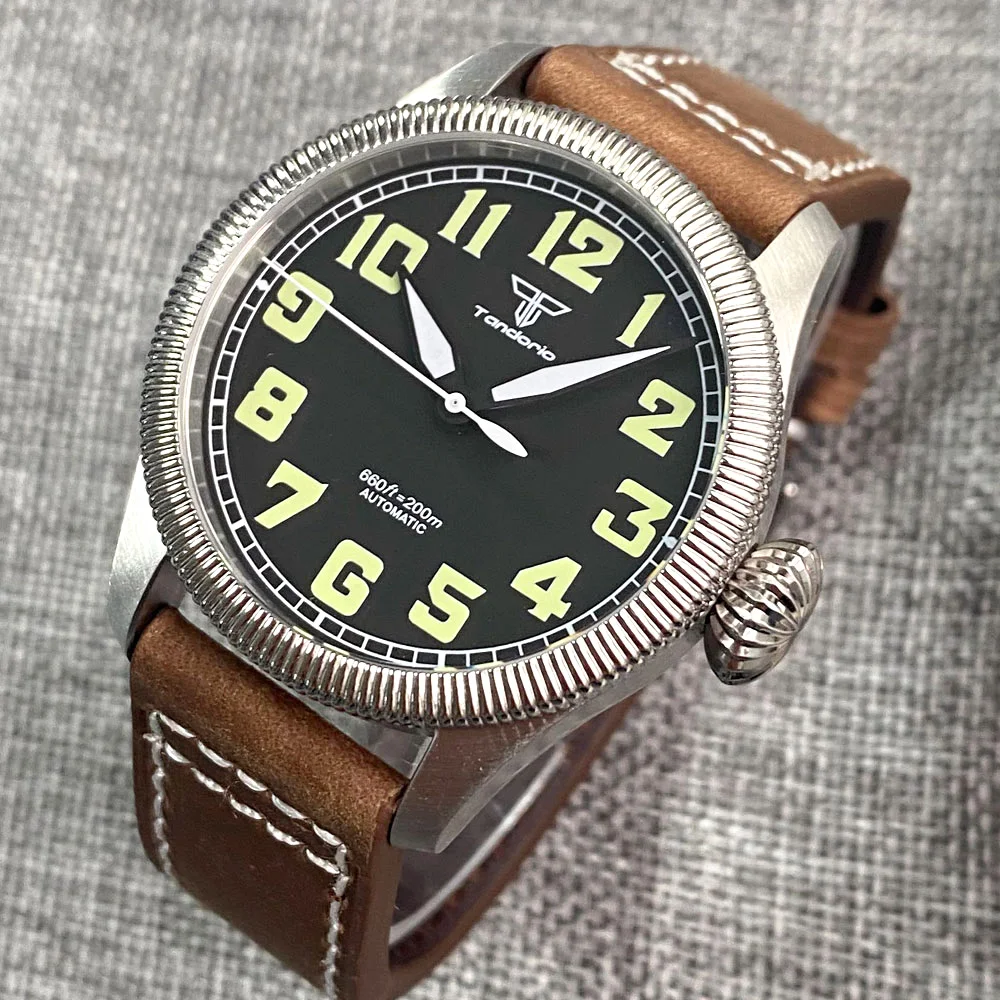 

Tandorio Pilot 316L Steel 20ATM Water Resistant NH35 PT5000 Automatic Mens Dive Watch Reloj Green Numbers Big Crown Luminous
