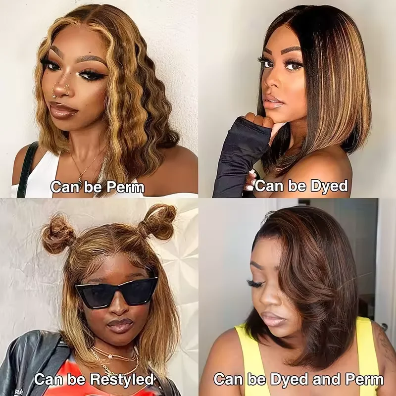 4/27 Highlight Bob Wigs Straight Lace Front Wig Human Hair Ombre Frontal Bob Wig Human Hair gluelss wear to go Ombre Brown Wig 1