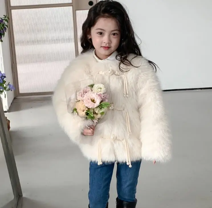 Ragazze finta pelliccia di volpe cappotto di pelliccia di cotone bambini nuovo autunno inverno moda fibbia di perle caldo spesso dolce giacca