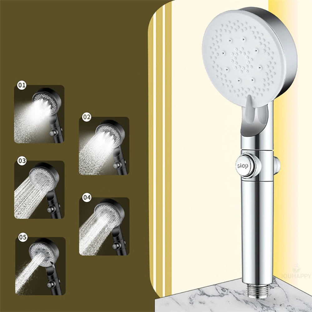 Душевая насадка высокого давления с остановкой одним щелчком мыши, портативная экономия воды, 5-режимная регулируемая насадка для душа, аксессуары для ванной комнаты