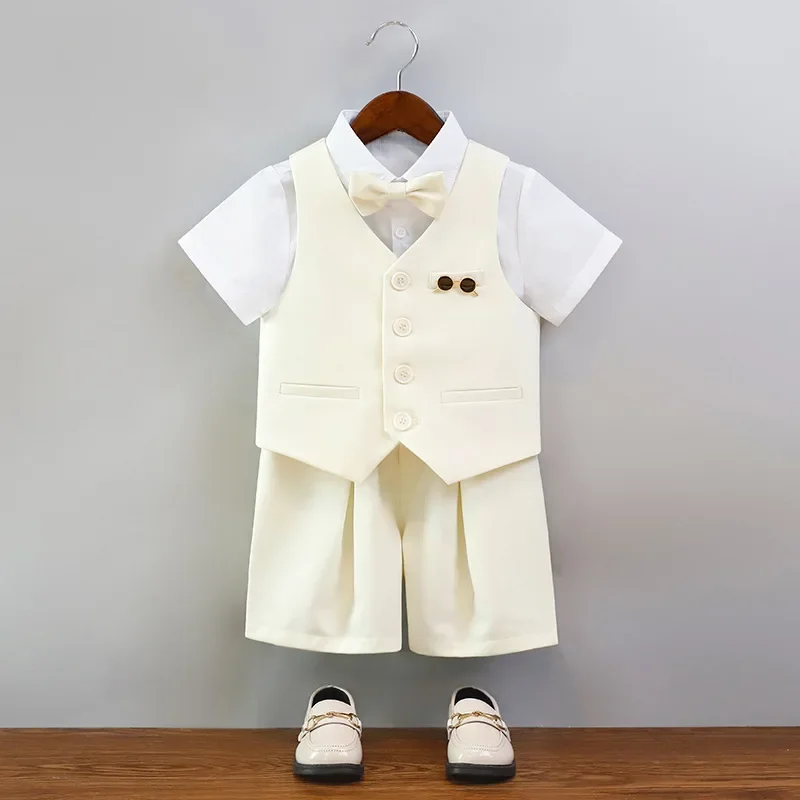 Children Summer Beige Photography Suit Kids Breathable Vest Shirt Shorts Bowtie Ceremony Costume Boys Silm Fit Wedding Dress