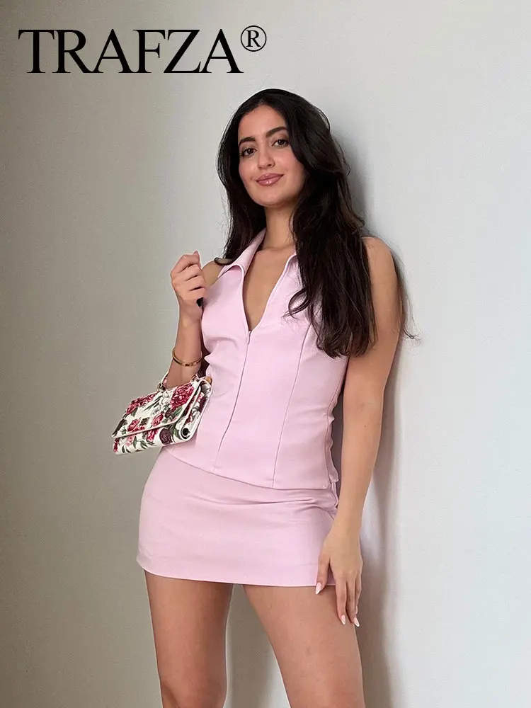 TRAF 2024 Summer Female 2 Piece Pink Set Backless Suspender V-Neck Sleeveless Zipper Cropped Top+High Waist A-Line Mini Shorts