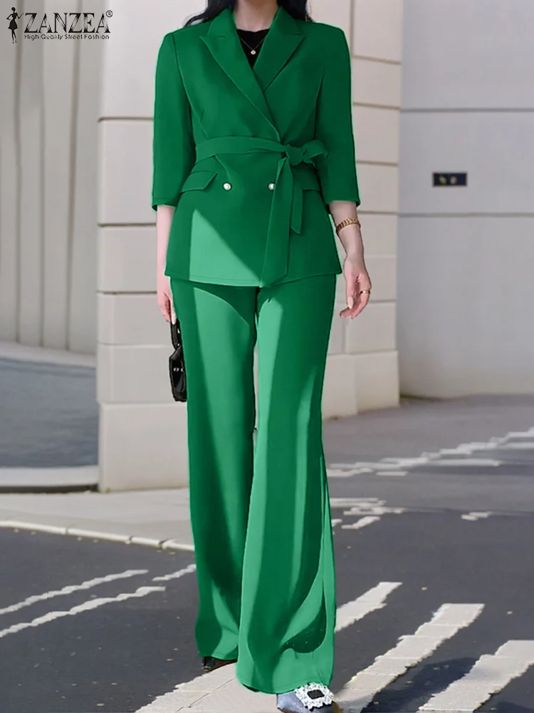 ZANZEA Wide Leg Trouser Women Blazer Suits Office Wear Autumn 3/4 Sleeve Blazer Tied Waist 2-Piece Sets Elegant Classy Pant Sets