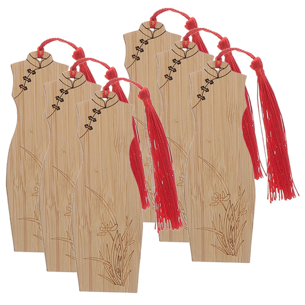 6 Pcs Cheongsam Bamboo Bookmark Carved Labels Carving Gift Souvenir Decorative Tags Wooden Girl Child