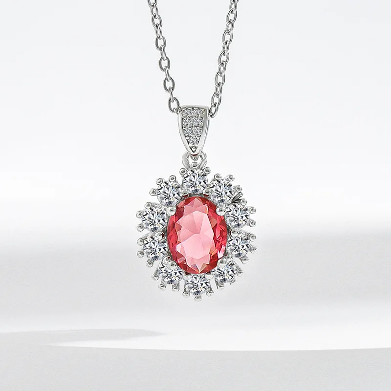 Oval Cut Pink Ruby Color Cubic Zirconia Jewelry Set, 925 Silver Halo Gemstone Necklace Earring Ring Set Party Gift for Ladies
