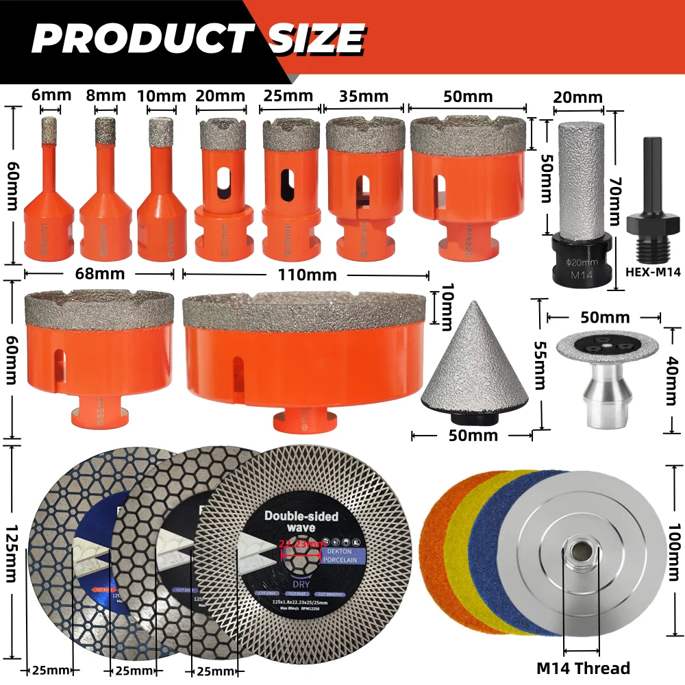 M14 Diamond Drill Bit Set Dia6-110mm Chamfering Milling Bit Adapter Tile Granite Marble Stone 13/19Pcs Saw Blade Polishing Tools