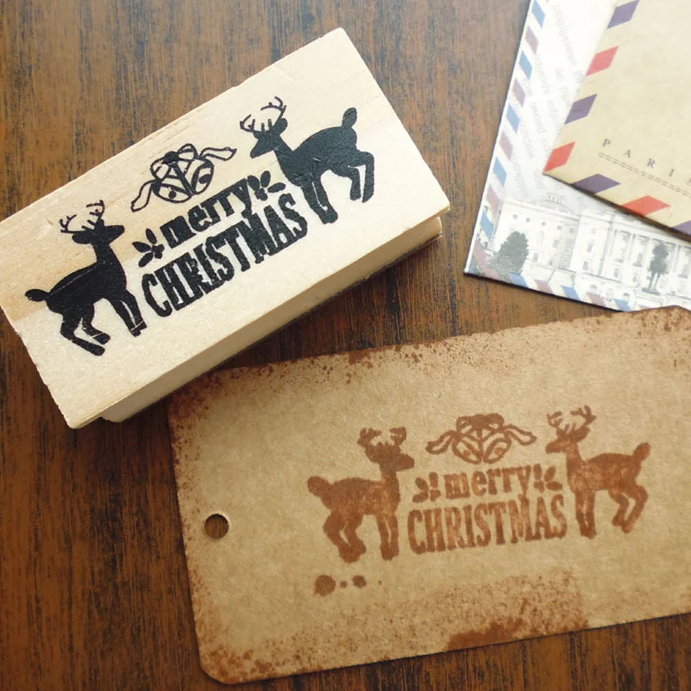 Christmas Deer Seal Pattern Stampers Children Wood Wooden DIY Merry Postage Stamps