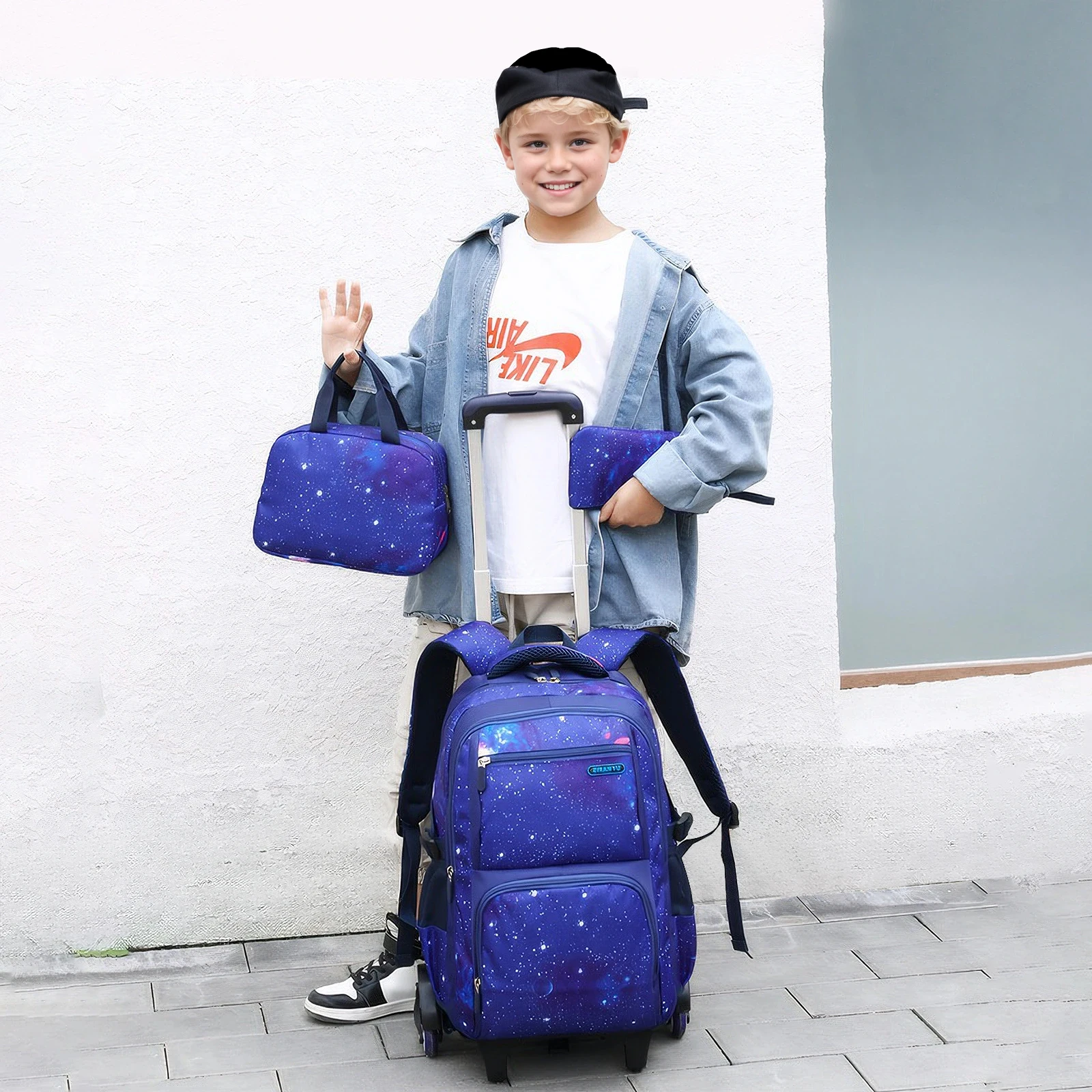 Kids School Bag With Wheels Rolling Backpack for Boy Wheeled School Bag 6 Wheels Trolley Bookbag Carry on Luggage with Lunch Bag