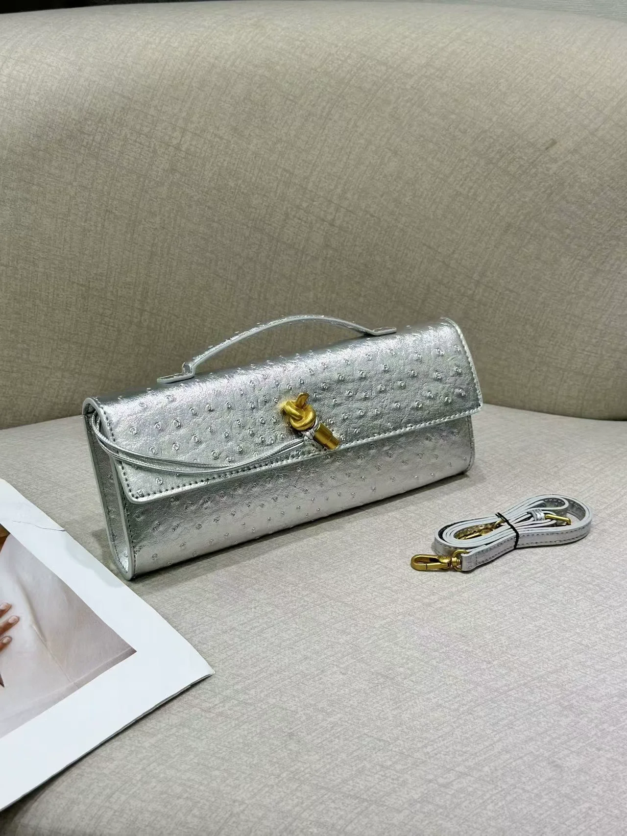 

New Adult Handmade Ostrich Patterned Dinner Bag French Style Stick Bag Versatile Horizontal Handbag Women's Shoulder Bag