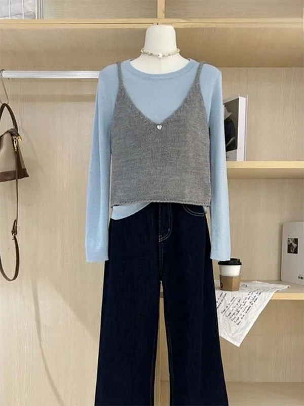 

Korean Sle Early Autumn Knitted Tank Top And T-irt Set Super Cute Layering Two Piece Top Trendy Loose Fit round Ne Long...