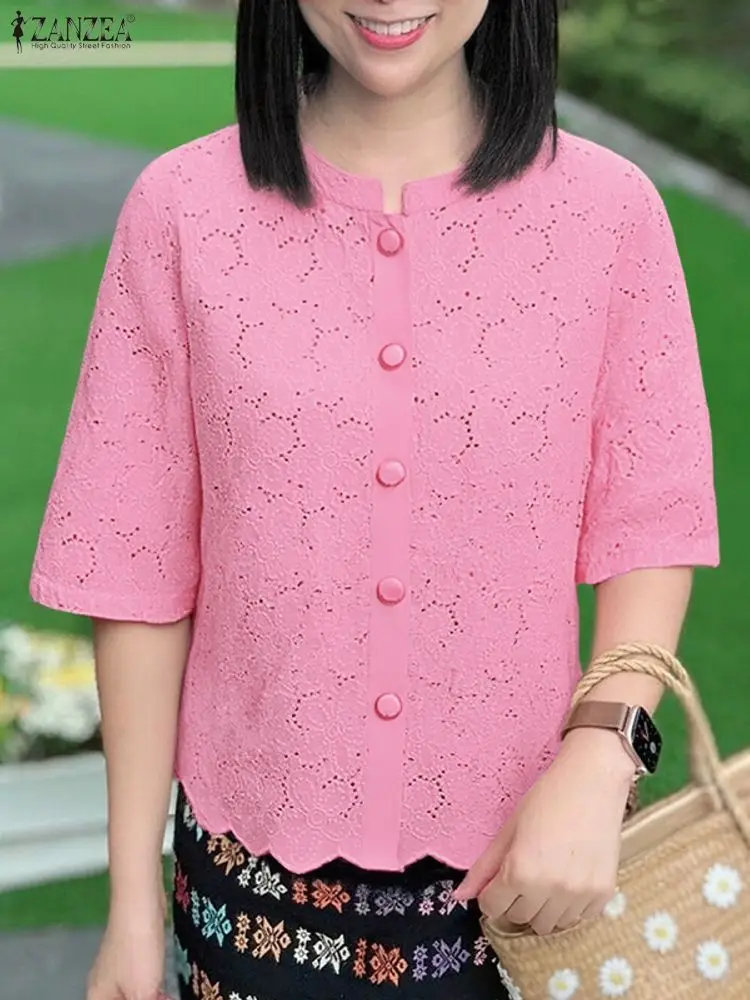 

Women Elegant Openwork Embroidery Shirts ZANZEA Casual Mandarin Collar Half Sleeve Button Up Solid Color Tops Woman Clothes 3XL