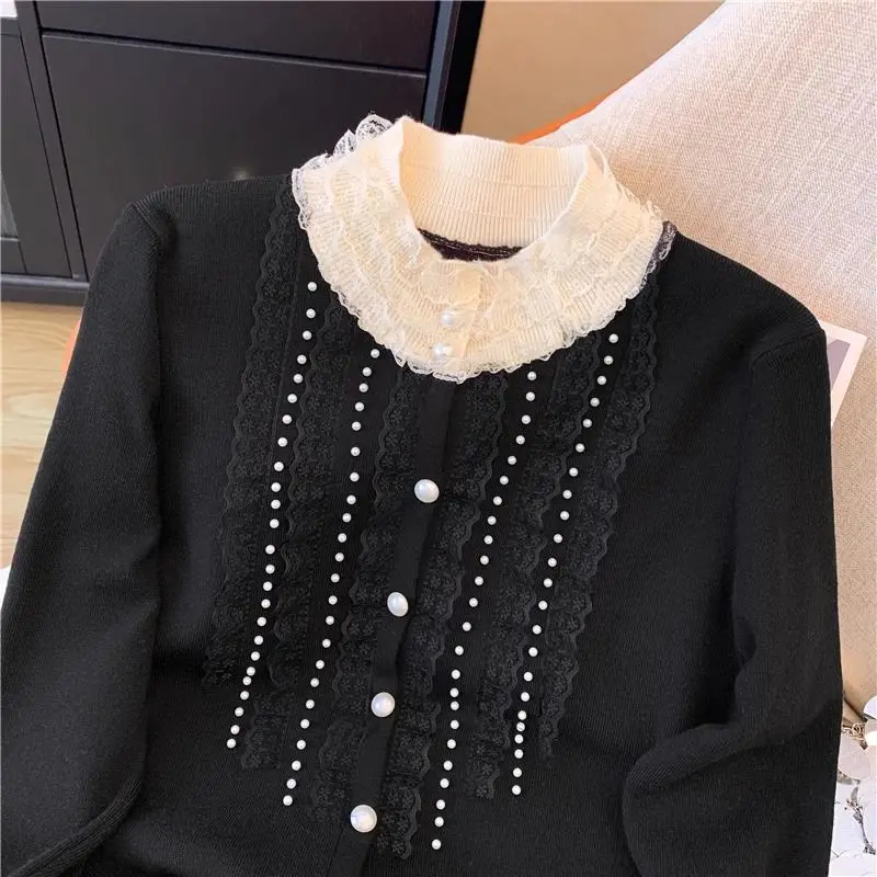 Autumn Winter Nail Bead Cardigan Lace Splicing Single Breasted Knitting Autumn and Winter New Fashion All-match Chic Sweaters