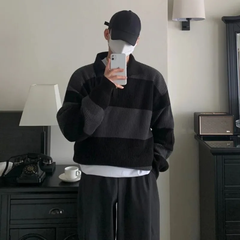 الكورية العصرية الرجال اللون المشارب بولو طوق زر سترة 2025 ربيع الخريف استرخاء صالح فضفاض عادية متماسكة ملابس خارجية