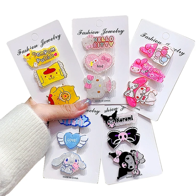 3Pcs/Set Kawaii Sanrio HairClips Cartoon Kuromi Hello Kitty Cinnamoroll Barrettes Hair Accessories Hairpins Cute Girl Heart Gift