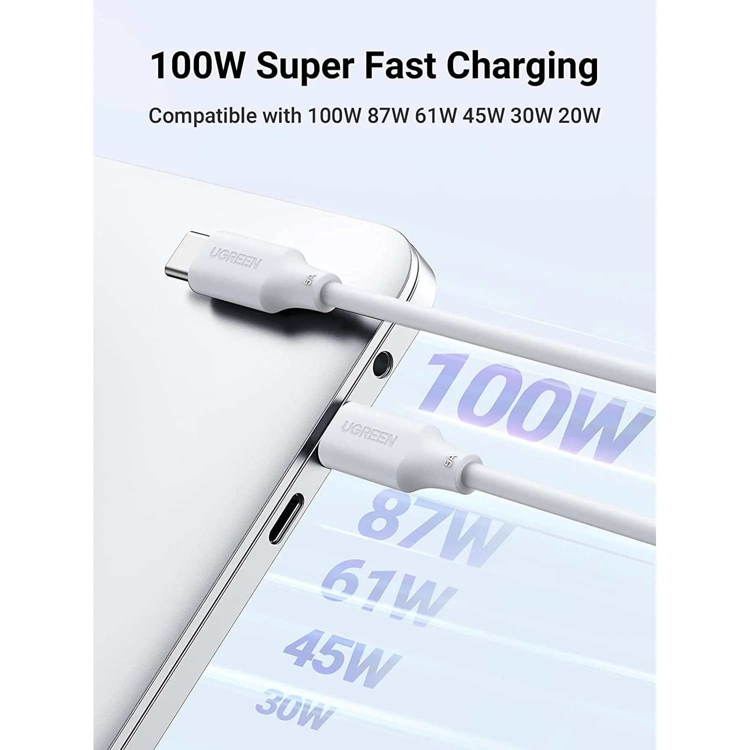 Cavo USB C UGREEN da 100 W per MacBook Pro 5A Cavo di ricarica rapida da USB-C a USB-C Cavo doppio tipo C bianco Materiale PVC