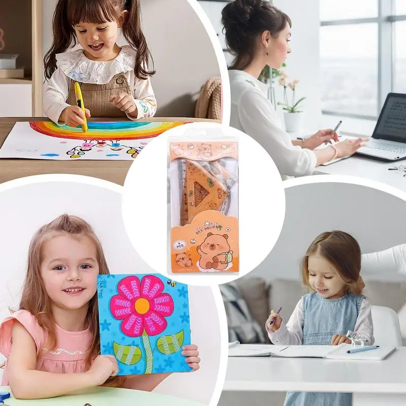 Набор милых линеек с капибарой, 4X геометрический транспортир, треугольные линейки, измерительный набор, набор инструментов для студенческой математической геометрии для школы и дома