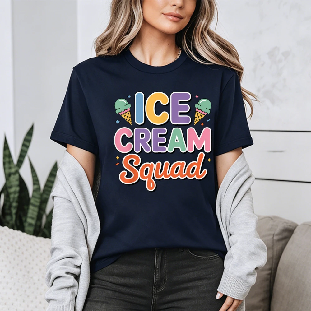 Ice Cream Squad Women Graphic T Shirt Multicolor Letter Mini Waffle Cone Print Short Sleeve Cute Summer Foodie Friend Tops