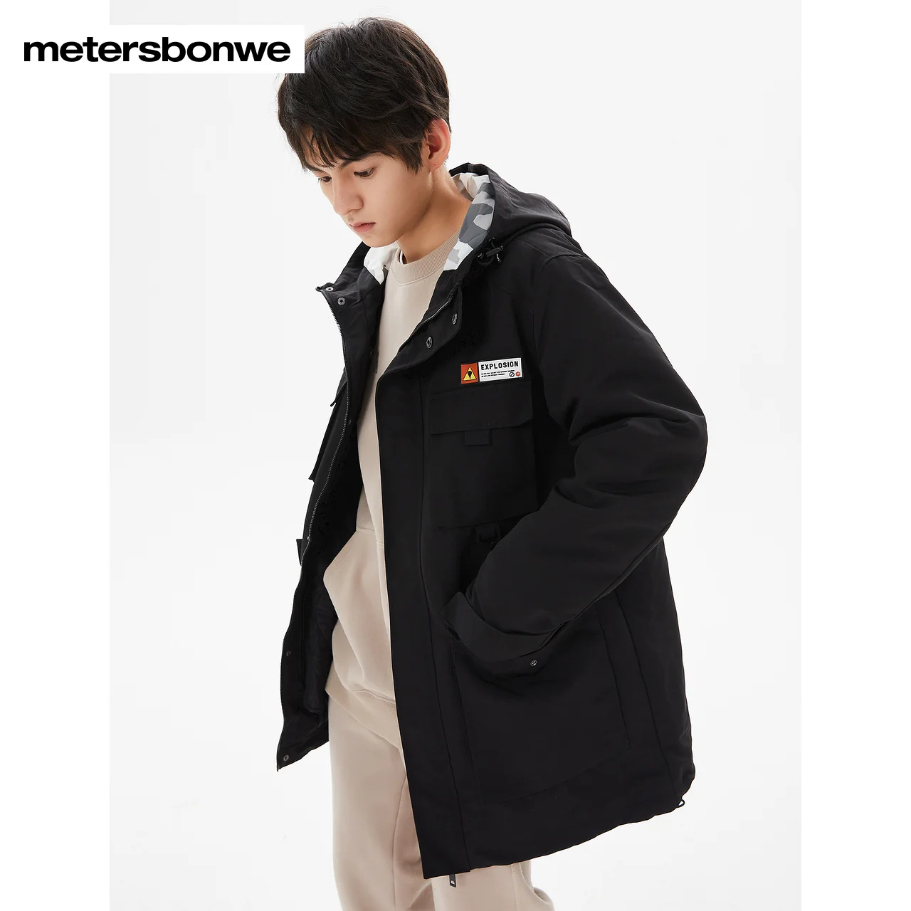 Metersbonwe-Jaqueta masculina de algodão, capuz destacável, roupa de trabalho, marca primavera