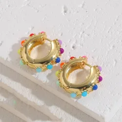 Vintage Colorful Round Beads Gold Plated Metal Hoop Earrings for Women Rainbow Colors Beaded Huggies Ear Buckles Hinged Backing