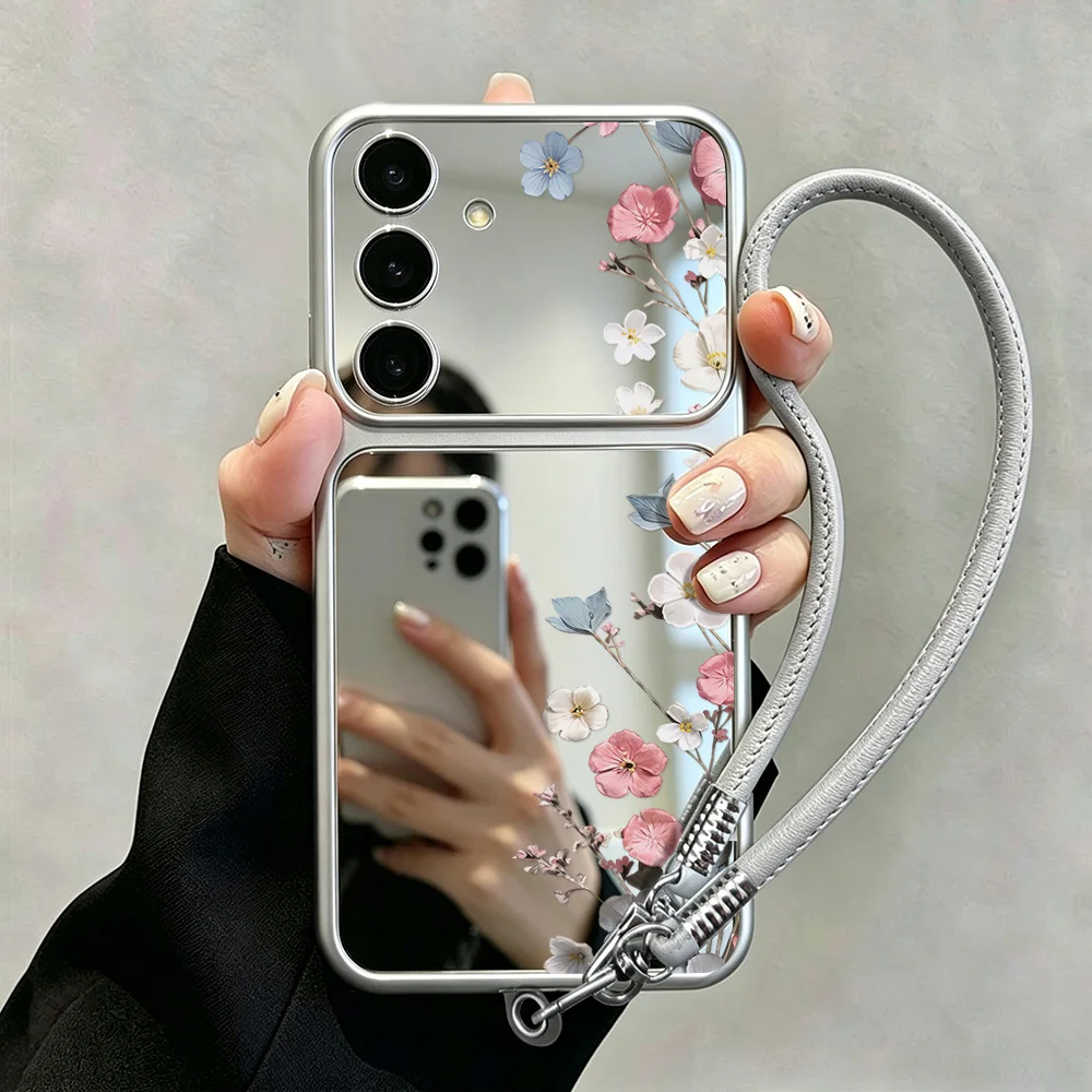 Peony Mirror Case For Samsung A57 A56 5G A55 A54 A53 A37 A36 A35 A26 A17 A16 A07 A06 S26 Ultra S25 S24 S23 FE With Phone Lanyard