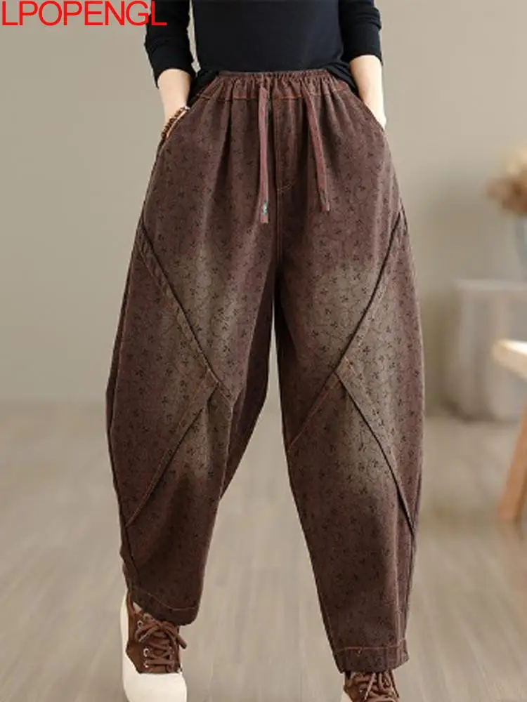 

Новые ретро джинсы с эластичной резинкой на талии и принтом в горошек, женские свободные брюки с блокировкой, персонализированные лоскутные уличные джинсовые широкие брюки