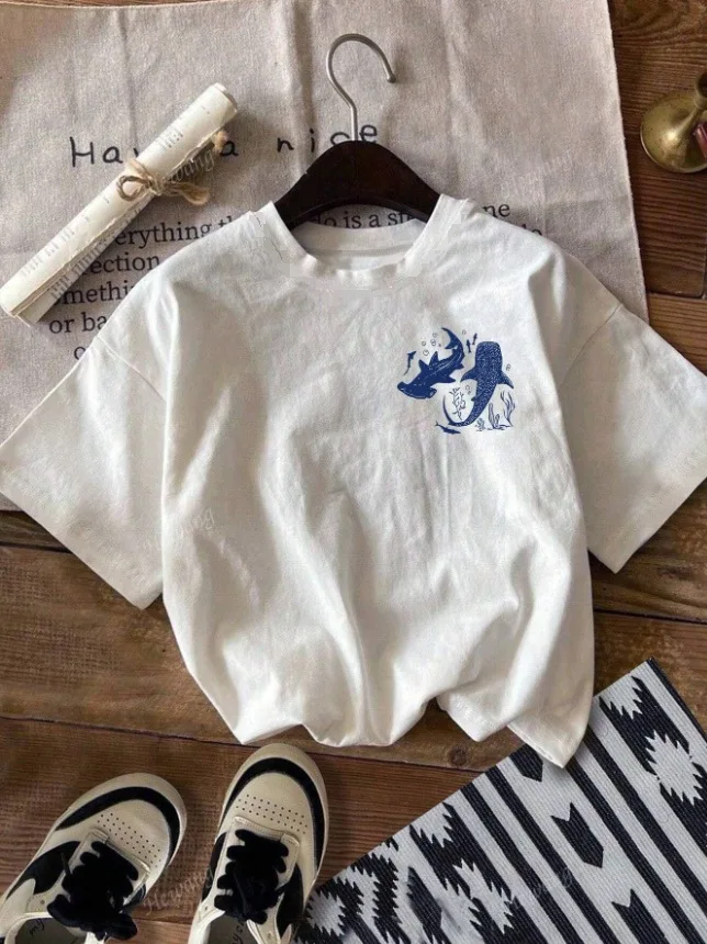 

Loose and versatile round neck short sleeved marine animal letter pattern printed summer new T-shirt for women