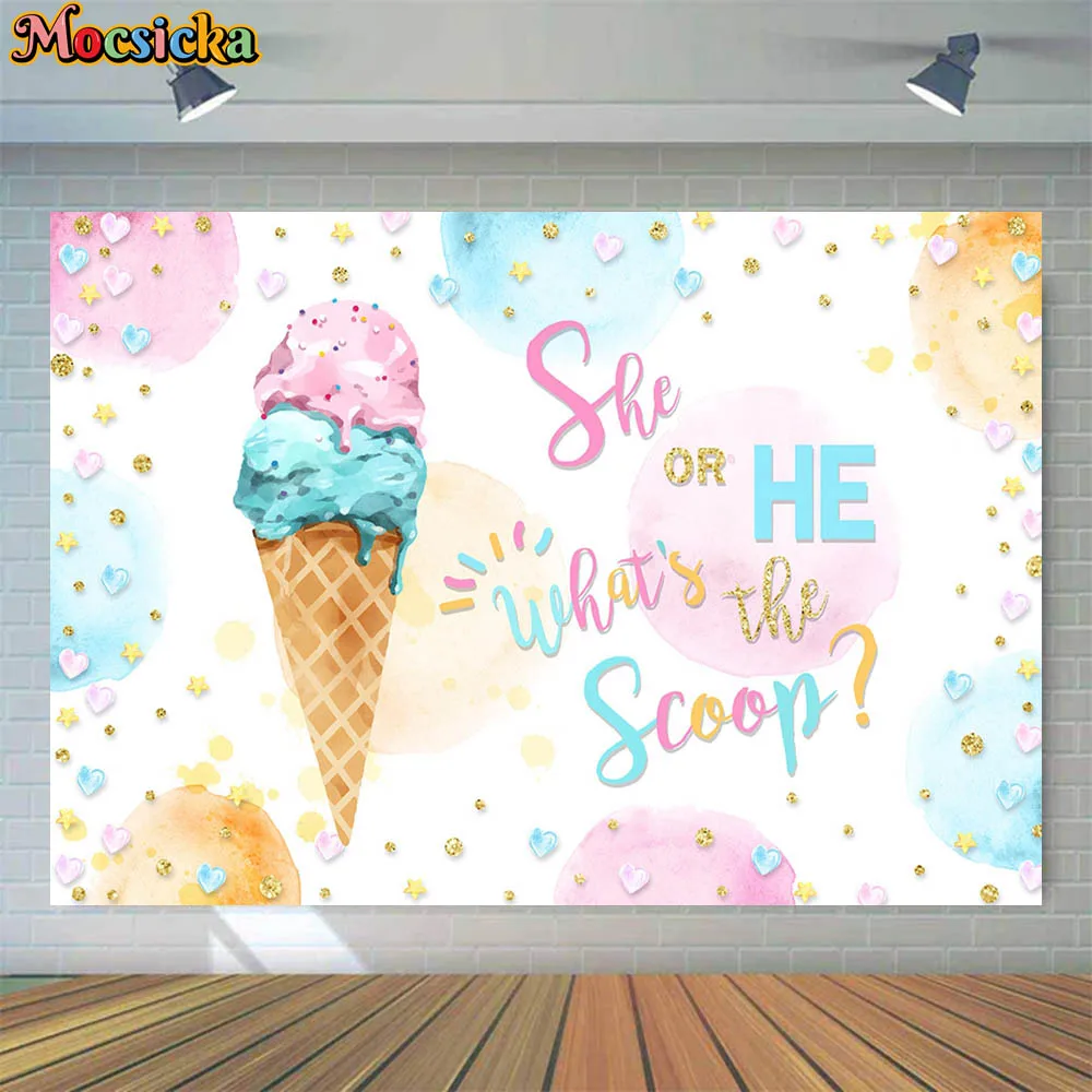 Mocsicka Ice Cream Cone Blue and Pink Gender Reveal Backdrop She or He Baby Shower Background Party Decor Studio Photocall Props