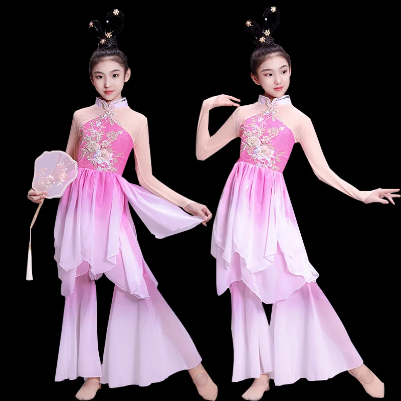 children's-ancient-classical-dance-fan-dance-performance-girls'-chinese-umbrella-dance-performance-clothes-dancing-uniform-le728