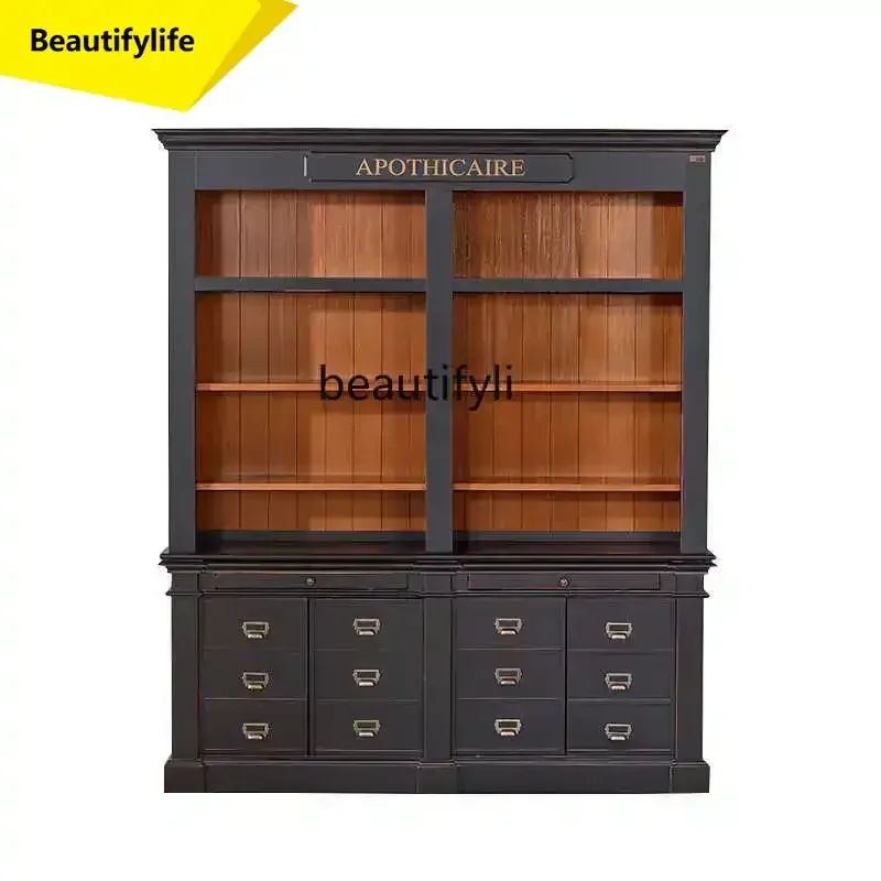 Q181 BAmerican rural solid wood bookcase villa study old, retro living room home storage display cabinet